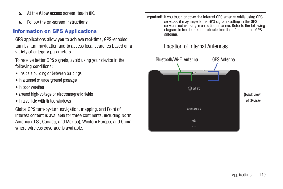 Information on gps applications, Location of internal antennas | Samsung 8.9 User Manual | Page 123 / 176