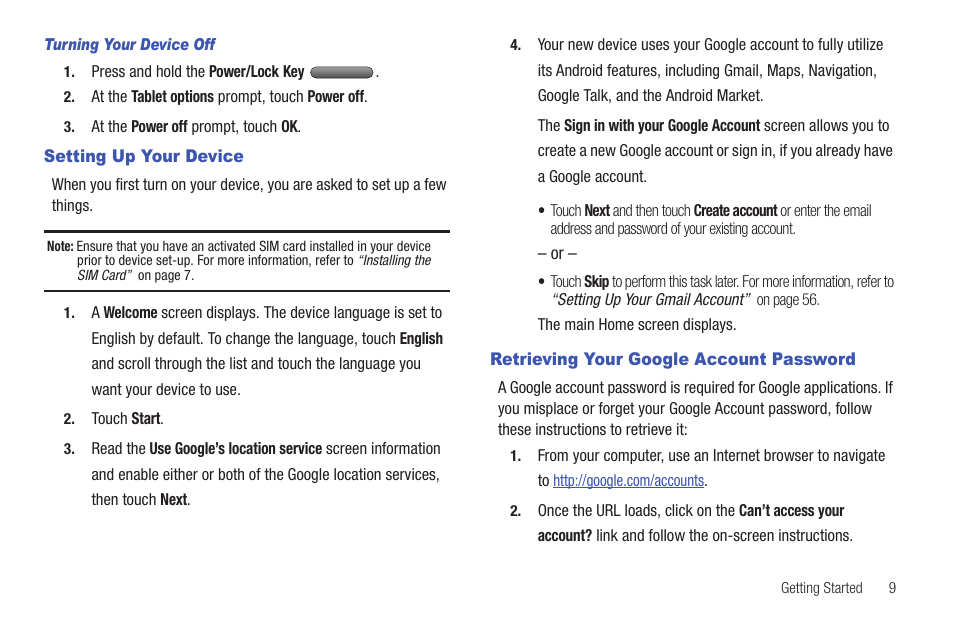 Setting up your device, Retrieving your google account password | Samsung 8.9 User Manual | Page 13 / 176