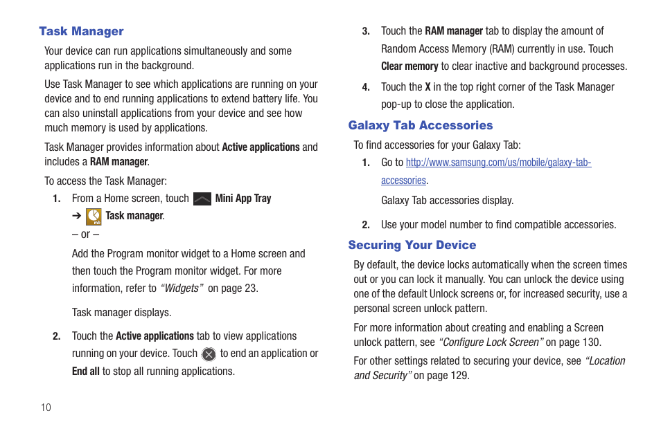 Task manager, Galaxy tab accessories, Securing your device | Samsung 8.9 User Manual | Page 14 / 176