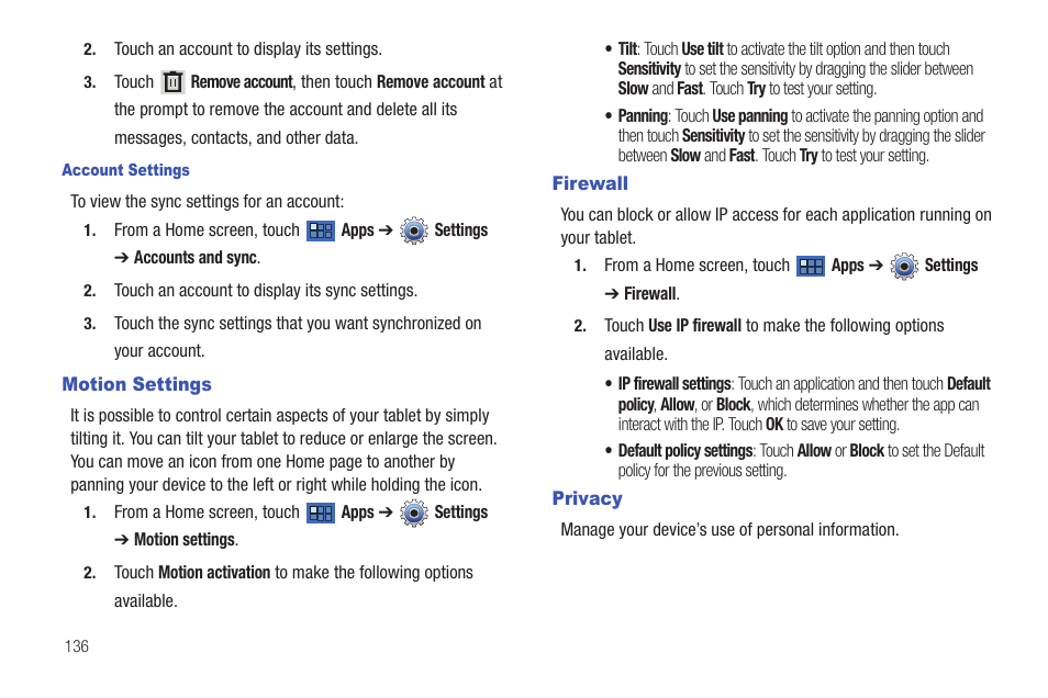 Motion settings, Firewall, Privacy | Motion settings firewall privacy | Samsung 8.9 User Manual | Page 140 / 176