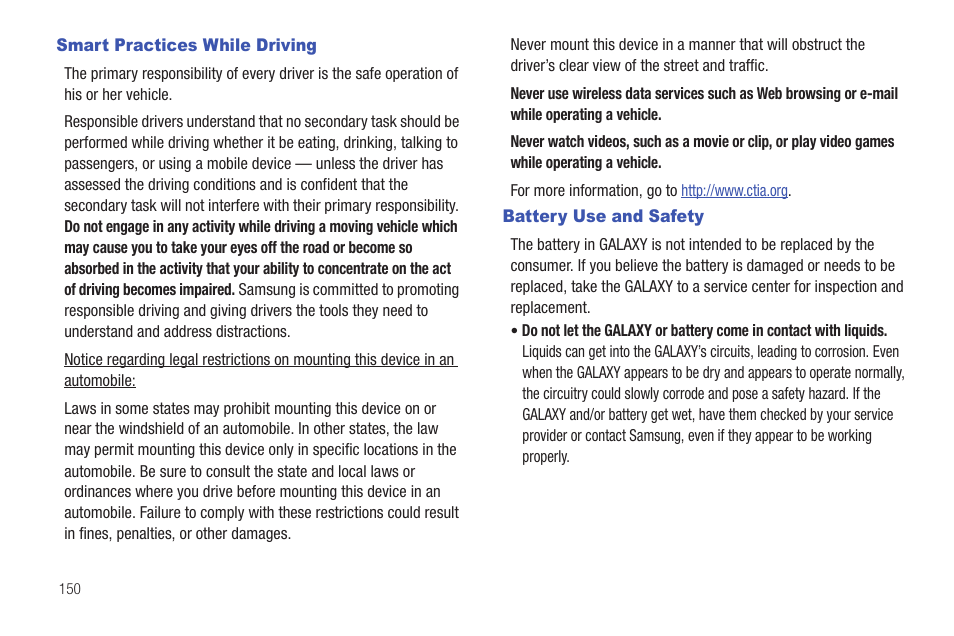 Smart practices while driving, Battery use and safety | Samsung 8.9 User Manual | Page 154 / 176