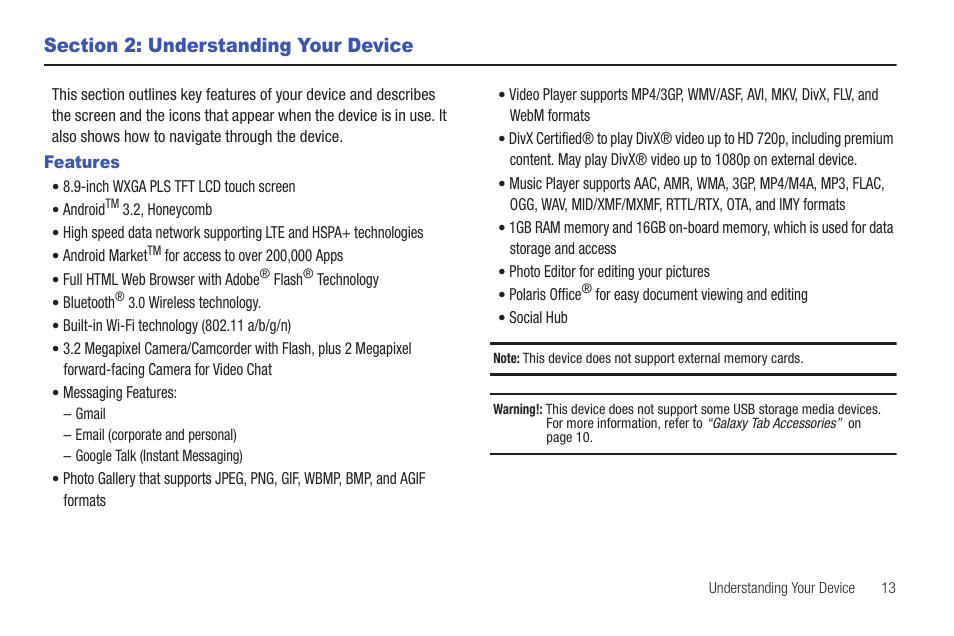 Section 2: understanding your device, Features | Samsung 8.9 User Manual | Page 17 / 176