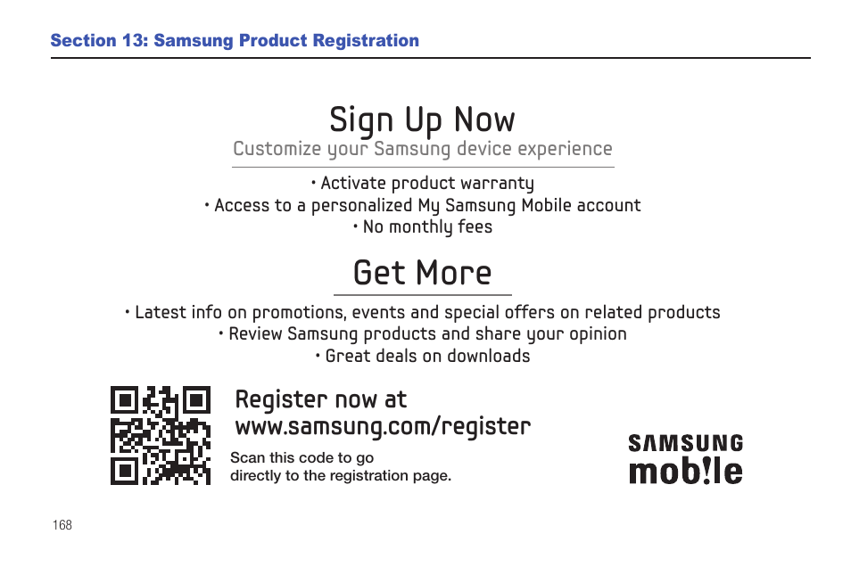 Section 13: samsung product registration, Get more, Sign up now | Samsung 8.9 User Manual | Page 172 / 176