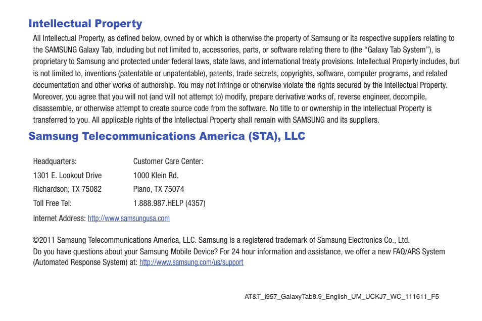 Intellectual property, Samsung telecommunications america (sta), llc | Samsung 8.9 User Manual | Page 2 / 176