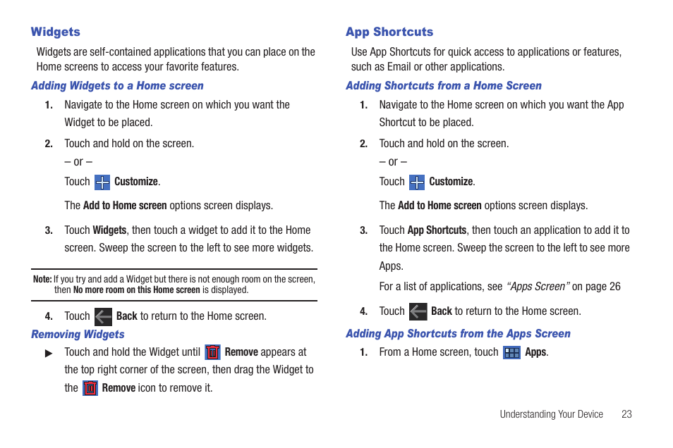 Widgets, App shortcuts, Nitor widget. for more | T. for, For more information, refer to “app shortcuts | Samsung 8.9 User Manual | Page 27 / 176