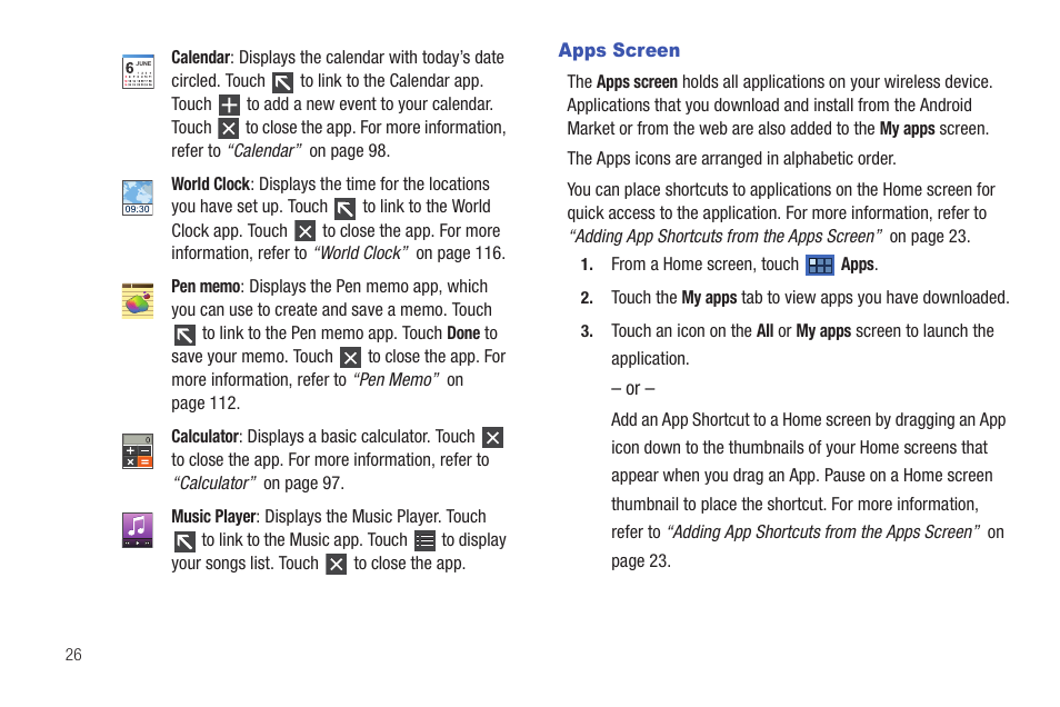 Apps screen | Samsung 8.9 User Manual | Page 30 / 176