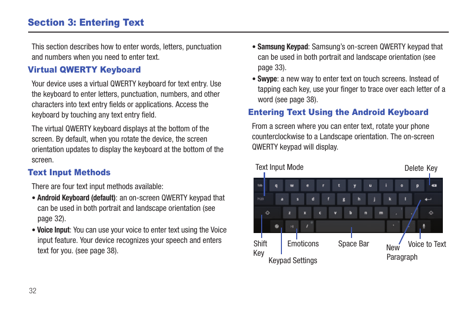 Section 3: entering text, Virtual qwerty keyboard, Text input methods | Entering text using the android keyboard | Samsung 8.9 User Manual | Page 36 / 176