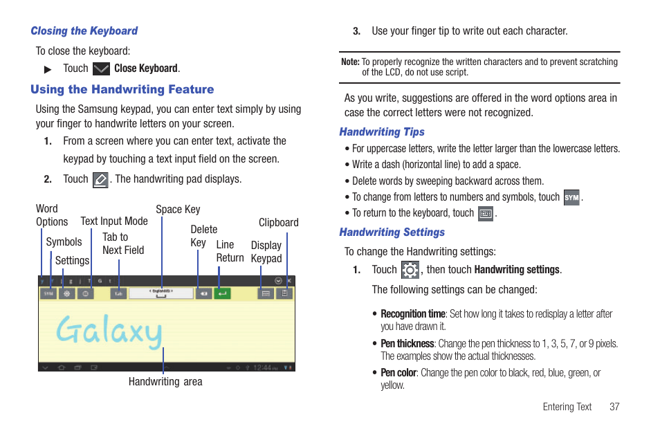 Using the handwriting feature, E. for more information | Samsung 8.9 User Manual | Page 41 / 176