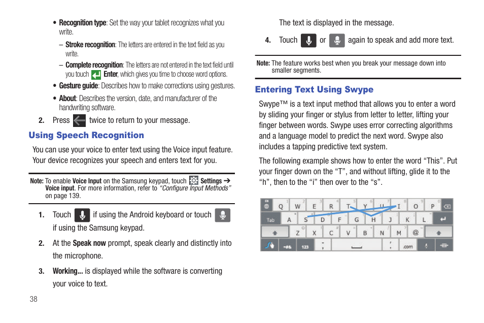 Using speech recognition, Entering text using swype, Using speech recognition entering text using swype | Samsung 8.9 User Manual | Page 42 / 176