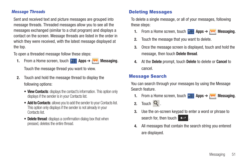 Deleting messages, Message search, Deleting messages message search | Samsung 8.9 User Manual | Page 55 / 176