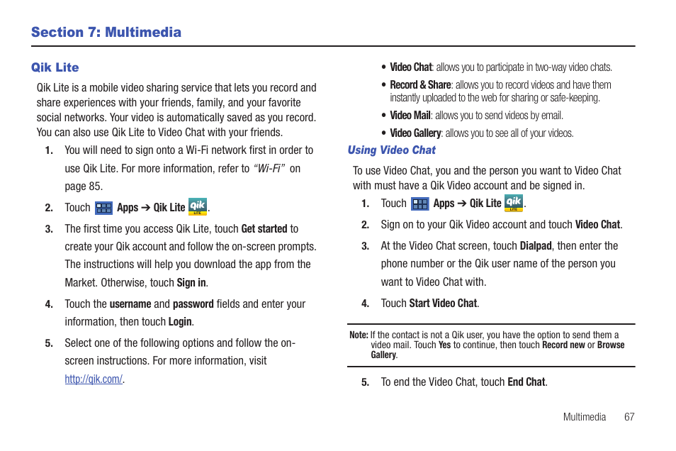 Section 7: multimedia, Qik lite | Samsung 8.9 User Manual | Page 71 / 176