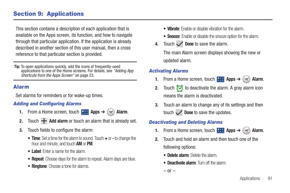 Section 9: applications, Alarm | Samsung 8.9 User Manual | Page 95 / 176