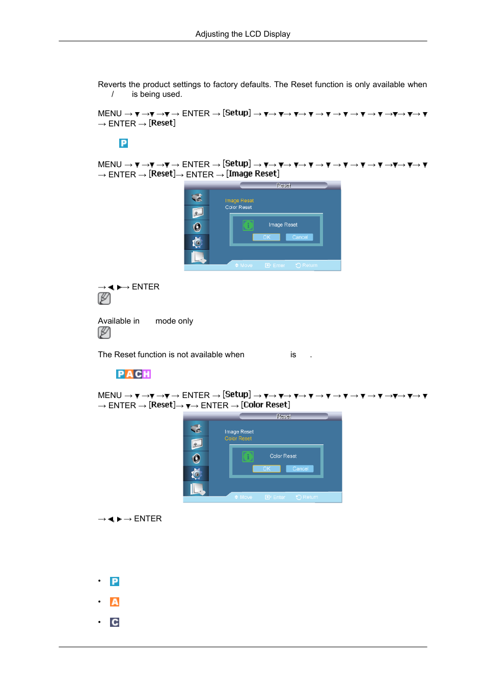 Reset, Image reset, Color reset | Multi control | Samsung SYNCMASTER 650TS User Manual | Page 100 / 121