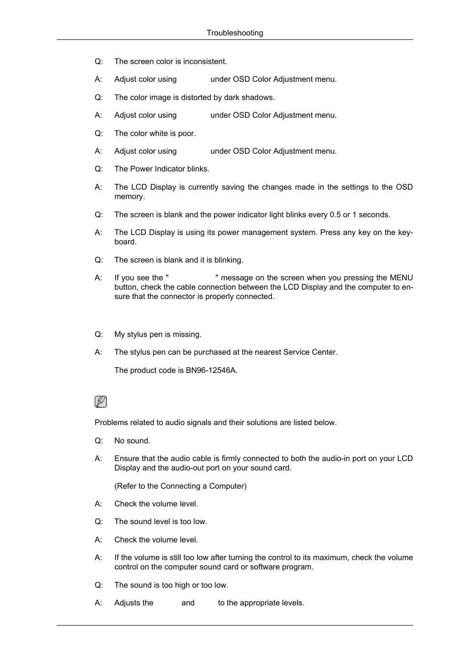 Problems related to stylus, Problems related to audio | Samsung SYNCMASTER 650TS User Manual | Page 105 / 121