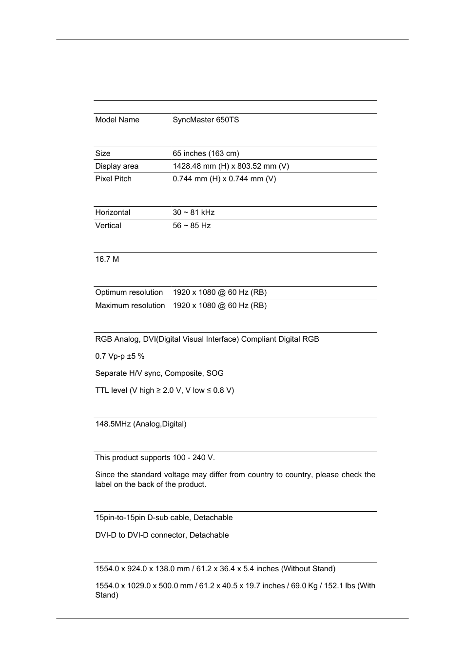 Specifications, General | Samsung SYNCMASTER 650TS User Manual | Page 108 / 121