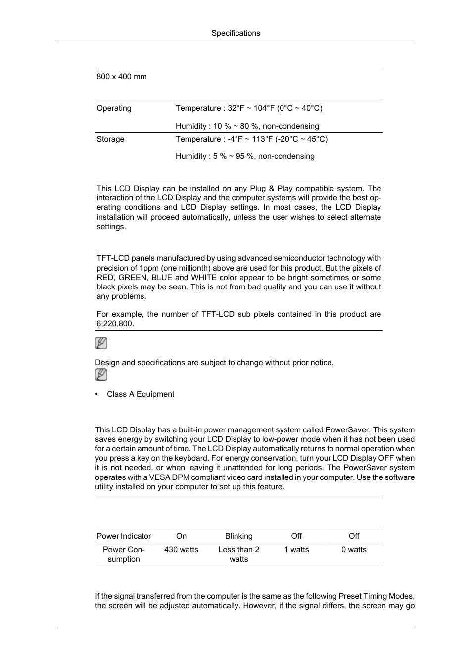 Powersaver, Preset timing modes | Samsung SYNCMASTER 650TS User Manual | Page 109 / 121