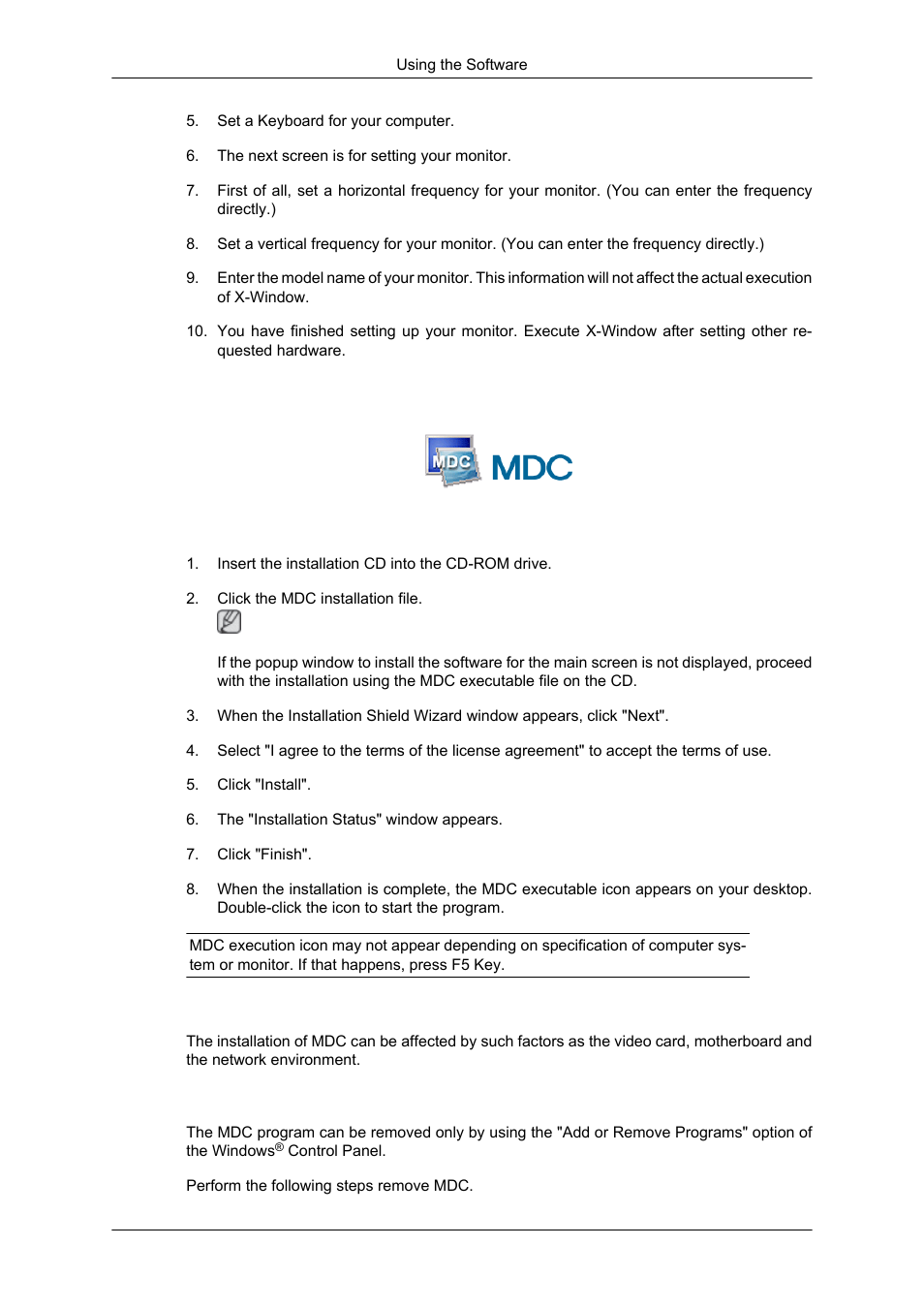 Mdc (multiple display control), Installation, Installation problems | Uninstall | Samsung SYNCMASTER 650TS User Manual | Page 40 / 121