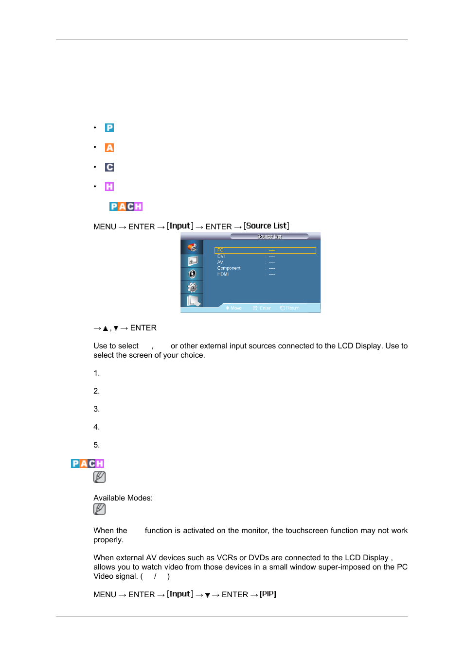 Adjusting the lcd display, Input, Source list | Samsung SYNCMASTER 650TS User Manual | Page 64 / 121