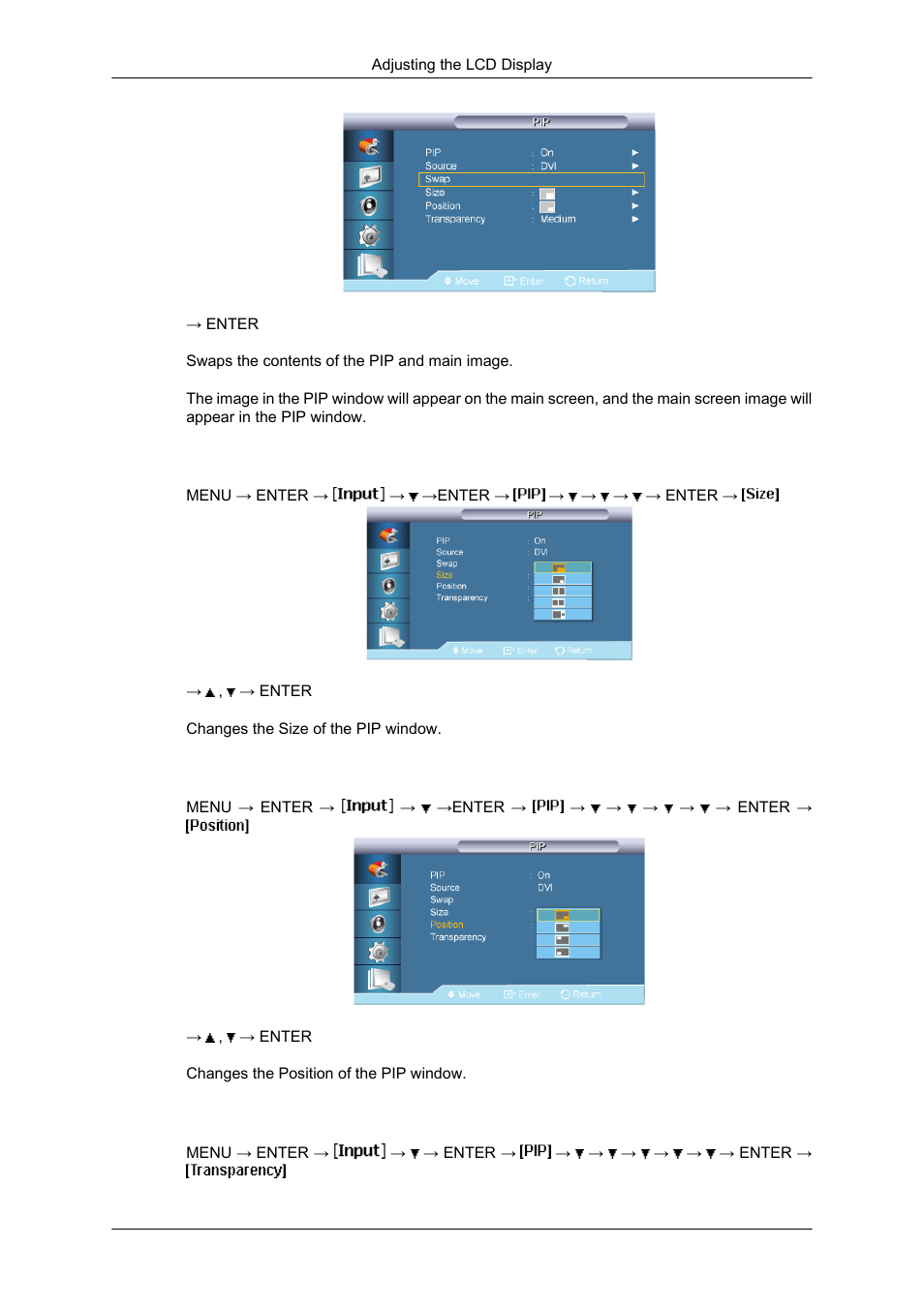 Size, Position, Transparency | Samsung SYNCMASTER 650TS User Manual | Page 66 / 121
