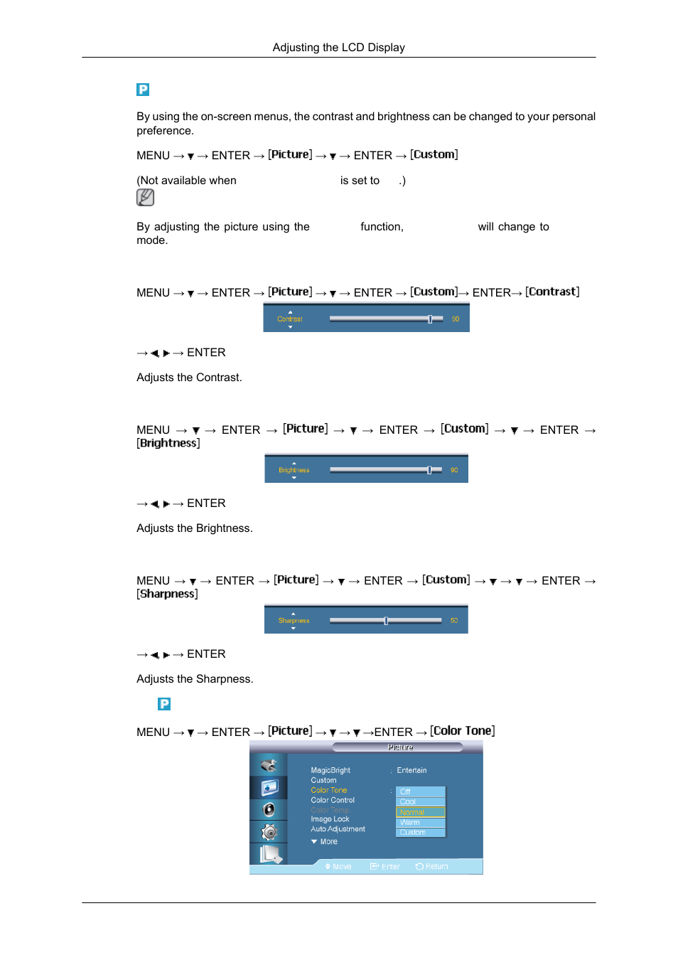 Custom, Contrast, Brightness | Sharpness, Color tone | Samsung SYNCMASTER 650TS User Manual | Page 69 / 121