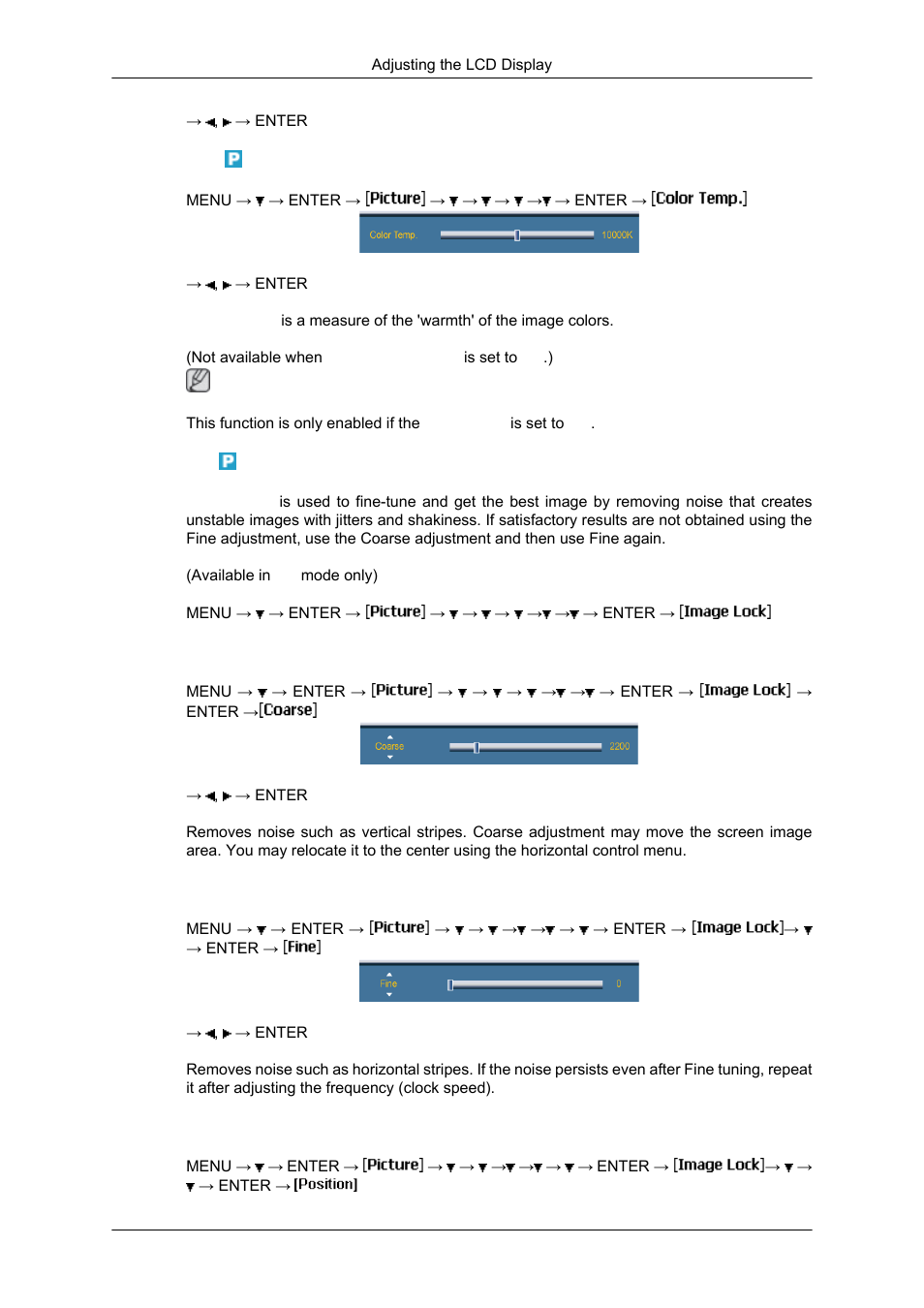 Color temp, Image lock, Coarse | Fine, Position | Samsung SYNCMASTER 650TS User Manual | Page 71 / 121