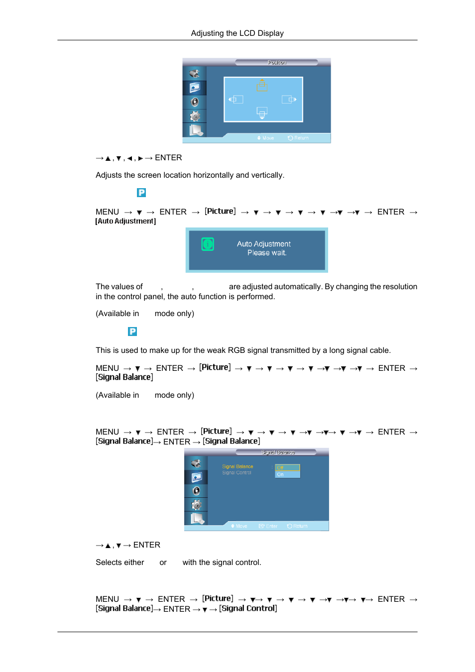 Auto adjustment, Signal balance, Signal control | Samsung SYNCMASTER 650TS User Manual | Page 72 / 121