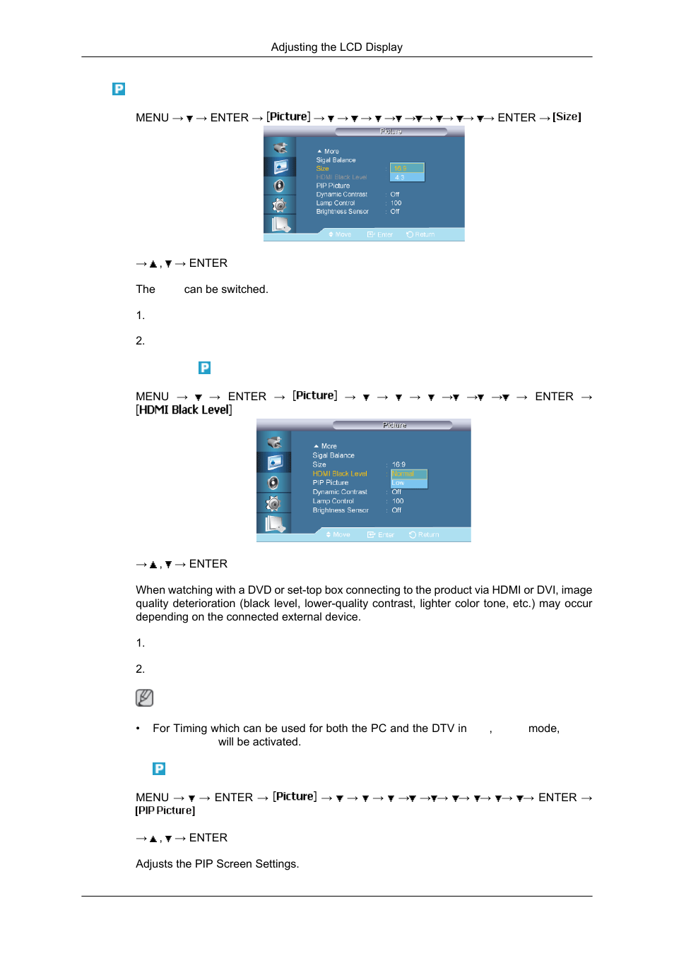 Size, Hdmi black level, Pip picture | Samsung SYNCMASTER 650TS User Manual | Page 74 / 121