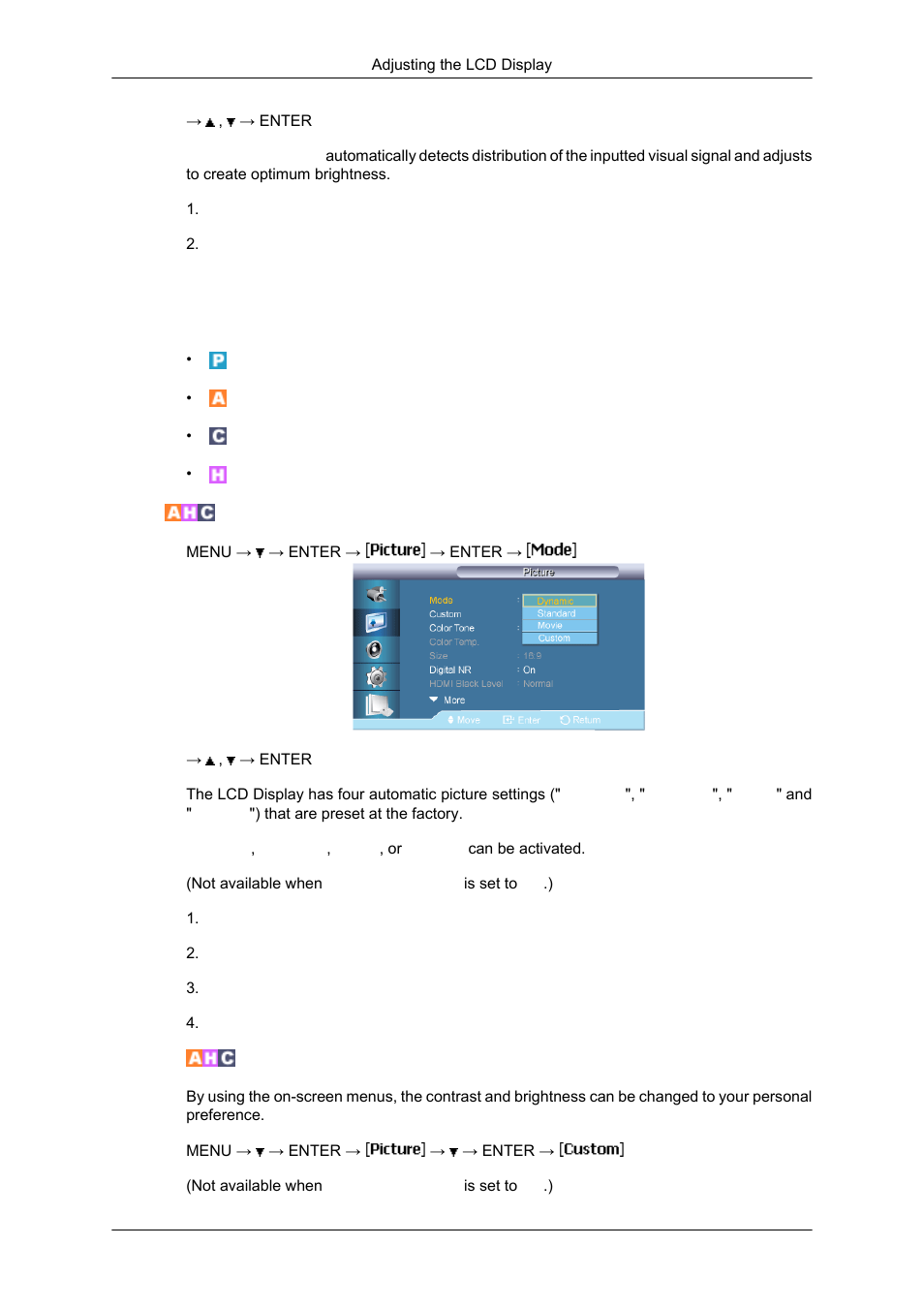 Picture [ av / hdmi / component mode, Mode, Custom | Samsung SYNCMASTER 650TS User Manual | Page 77 / 121