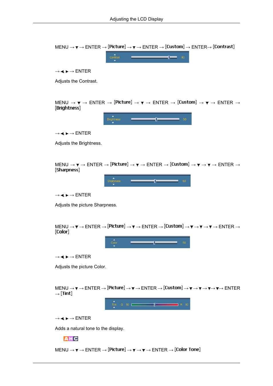 Contrast, Brightness, Sharpness | Color, Tint, Color tone | Samsung SYNCMASTER 650TS User Manual | Page 78 / 121