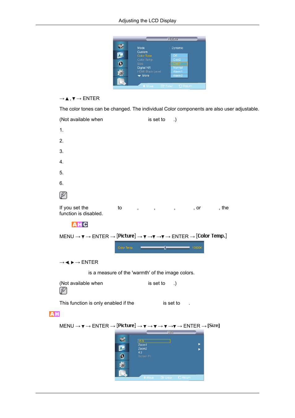 Color temp, Size | Samsung SYNCMASTER 650TS User Manual | Page 79 / 121