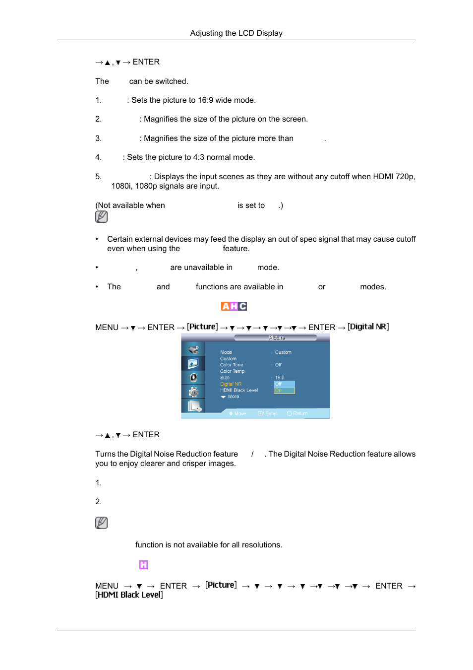 Digital nr (digital noise reduction), Hdmi black level | Samsung SYNCMASTER 650TS User Manual | Page 80 / 121