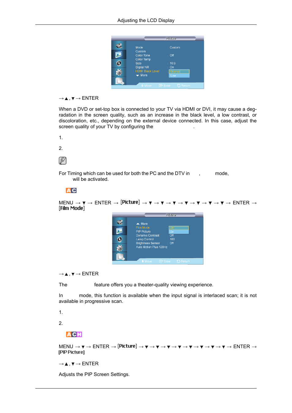 Film mode, Pip picture | Samsung SYNCMASTER 650TS User Manual | Page 81 / 121