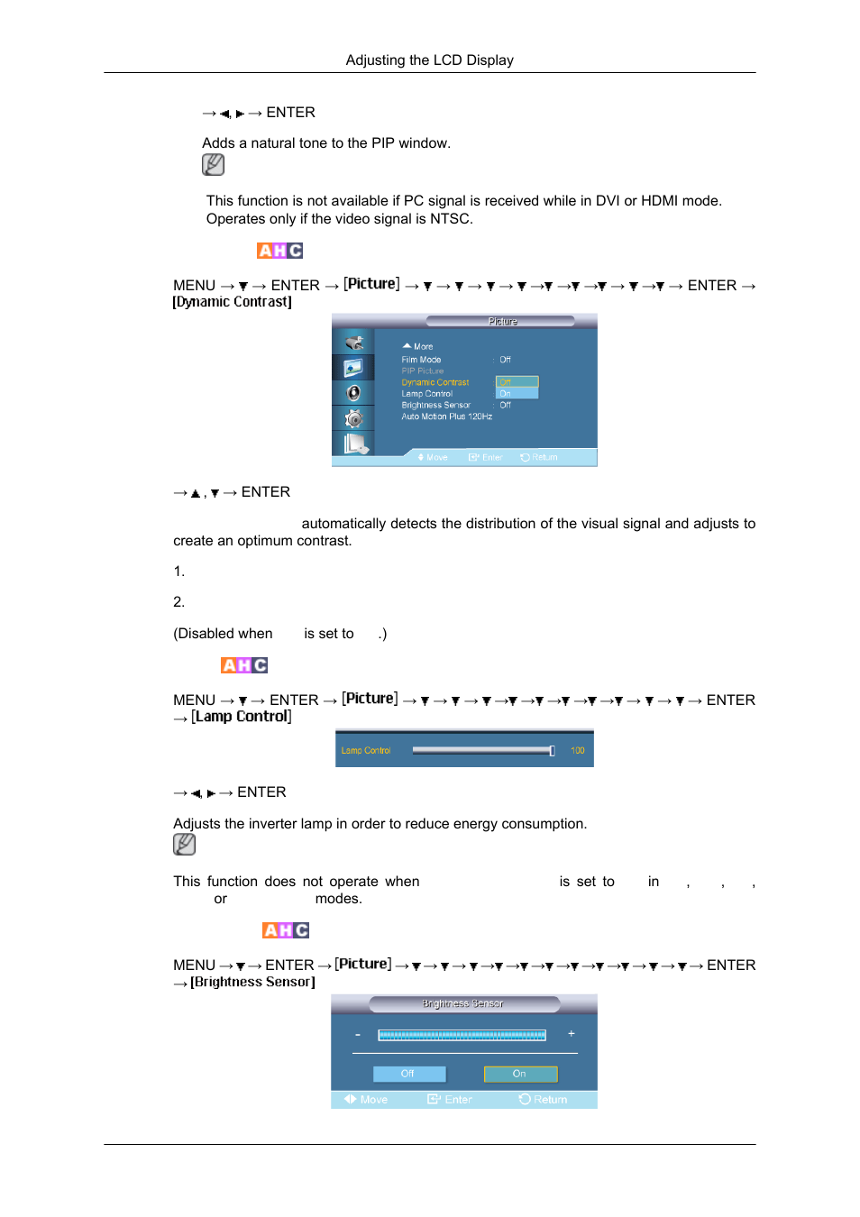Dynamic contrast, Lamp control, Brightness sensor | Samsung SYNCMASTER 650TS User Manual | Page 83 / 121