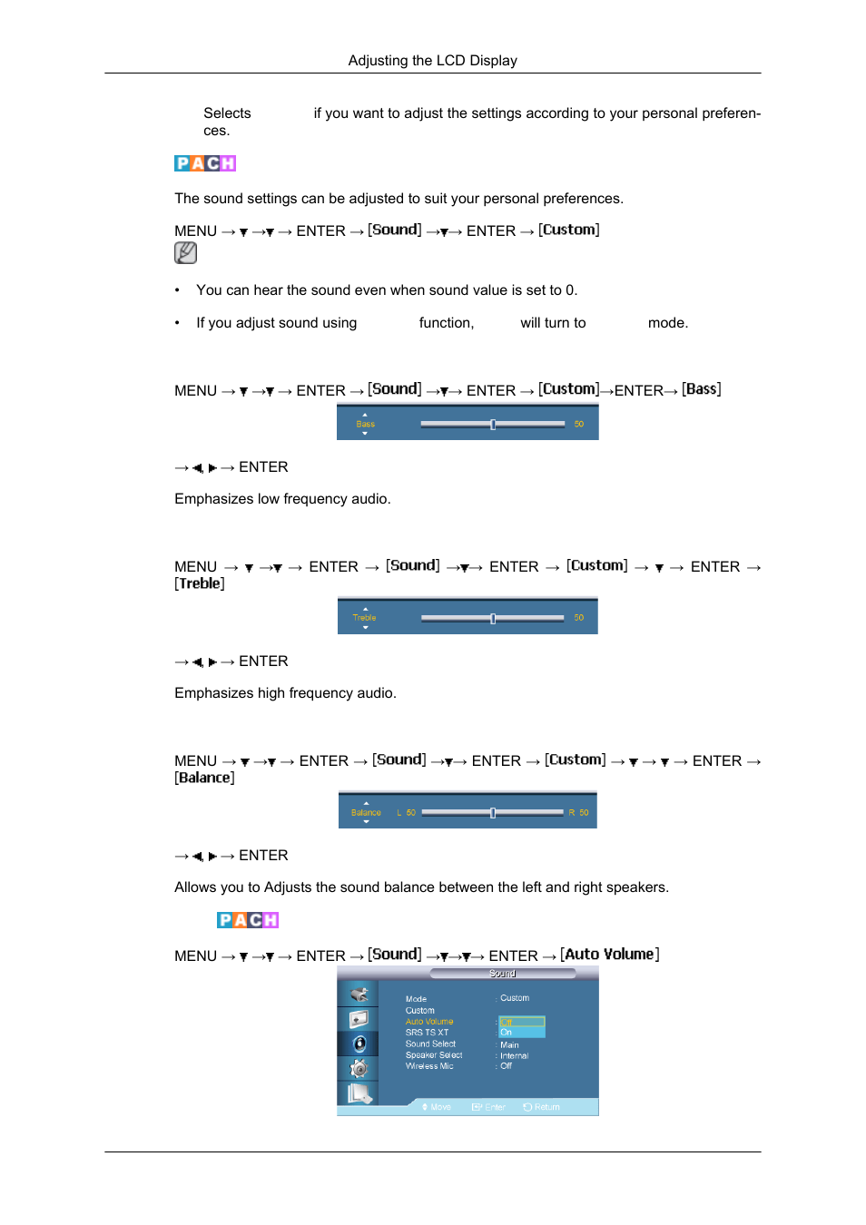 Custom, Bass, Treble | Balance, Auto volume | Samsung SYNCMASTER 650TS User Manual | Page 86 / 121
