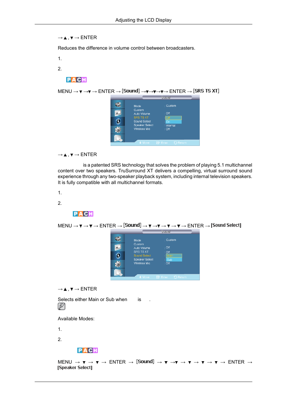 Srs ts xt, Sound select, Speaker select | Samsung SYNCMASTER 650TS User Manual | Page 87 / 121