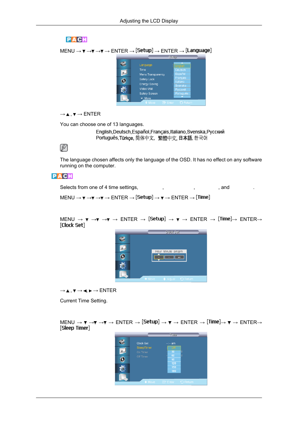 Language, Time, Clock set | Sleep timer | Samsung SYNCMASTER 650TS User Manual | Page 89 / 121