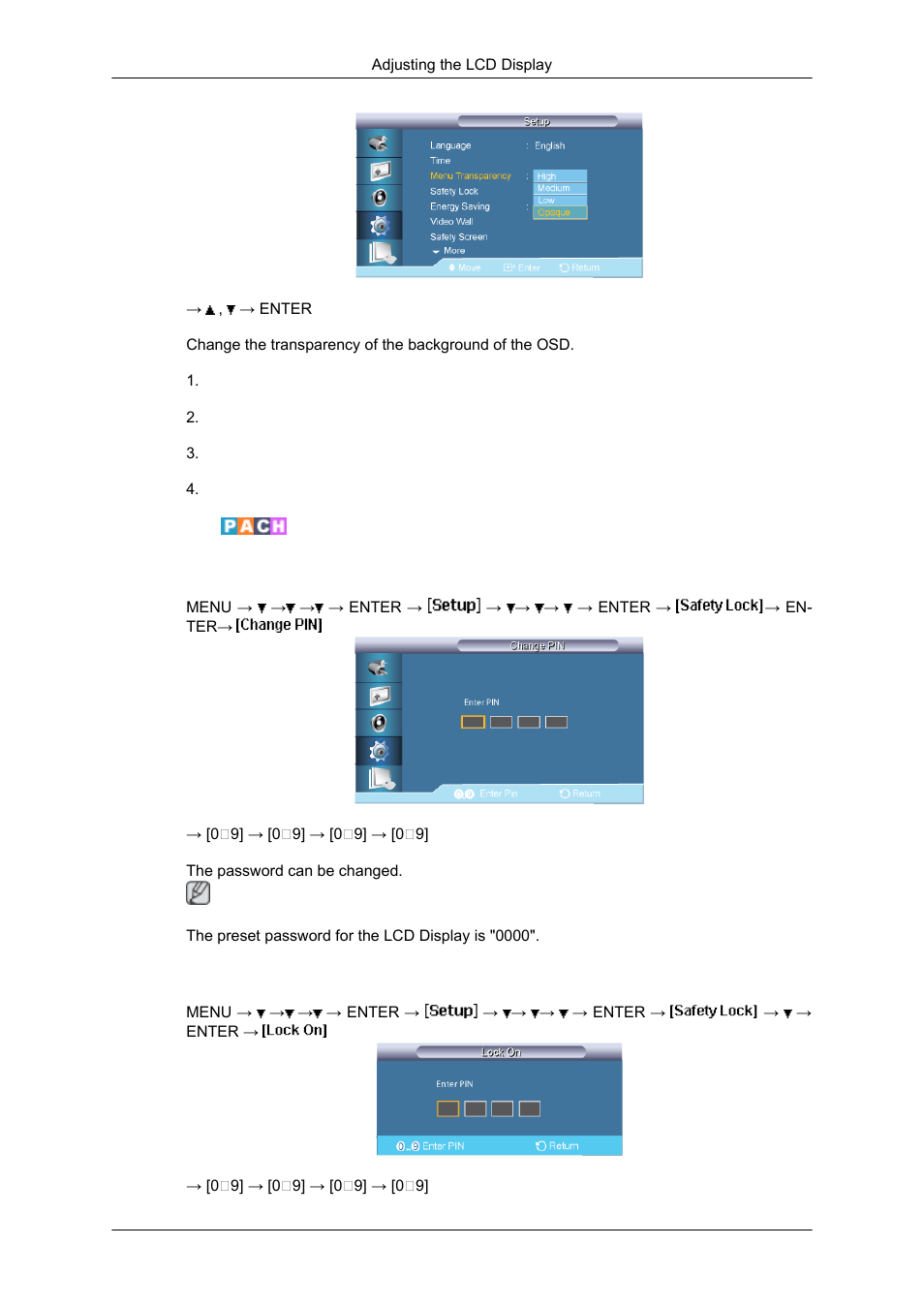 Safety lock, Change pin, Lock on | Samsung SYNCMASTER 650TS User Manual | Page 91 / 121