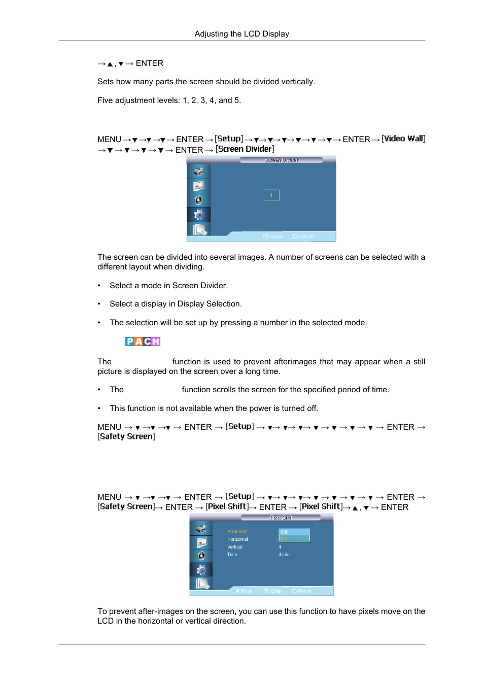 Screen divider, Safety screen, Pixel shift | Samsung SYNCMASTER 650TS User Manual | Page 94 / 121