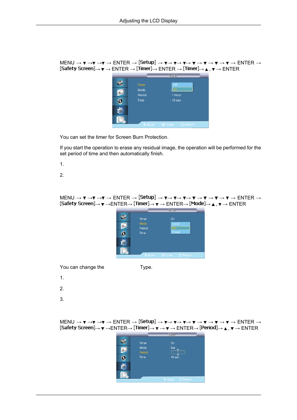 Timer, Mode, Period | Samsung SYNCMASTER 650TS User Manual | Page 96 / 121