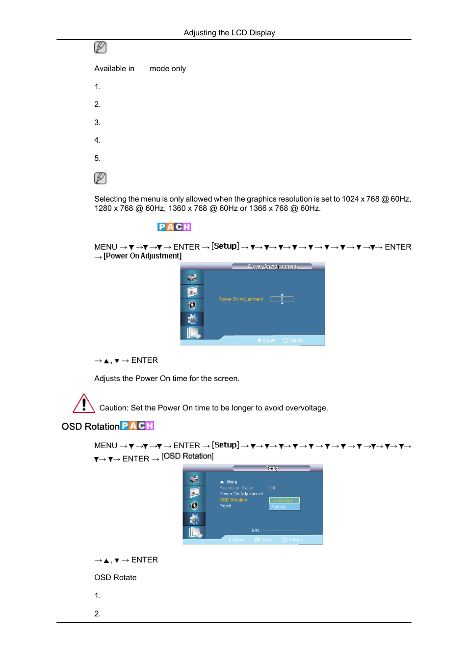 Power on adjustment, Osd rotation | Samsung SYNCMASTER 650TS User Manual | Page 99 / 121