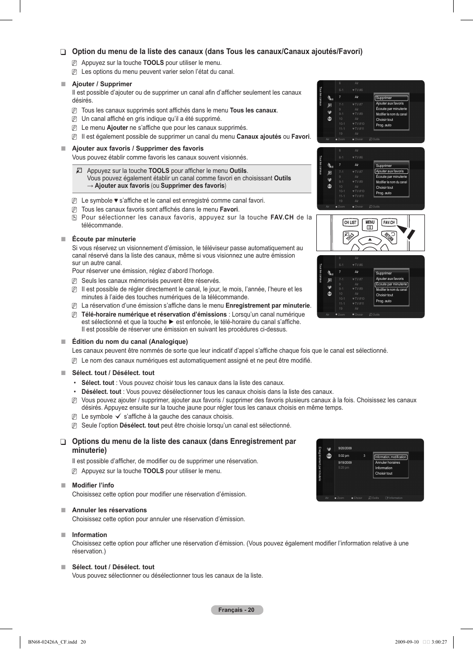 Appuyez sur la touche, Ajouter / supprimer, Le menu | Tous les canaux favoris sont affichés dans le menu, Fav.ch de la télécommande. écoute par minuterie, Sélect. tout / désélect. tout, Tools pour utiliser le menu. modifier l’info | Samsung BN68-02426A-00 User Manual | Page 103 / 125