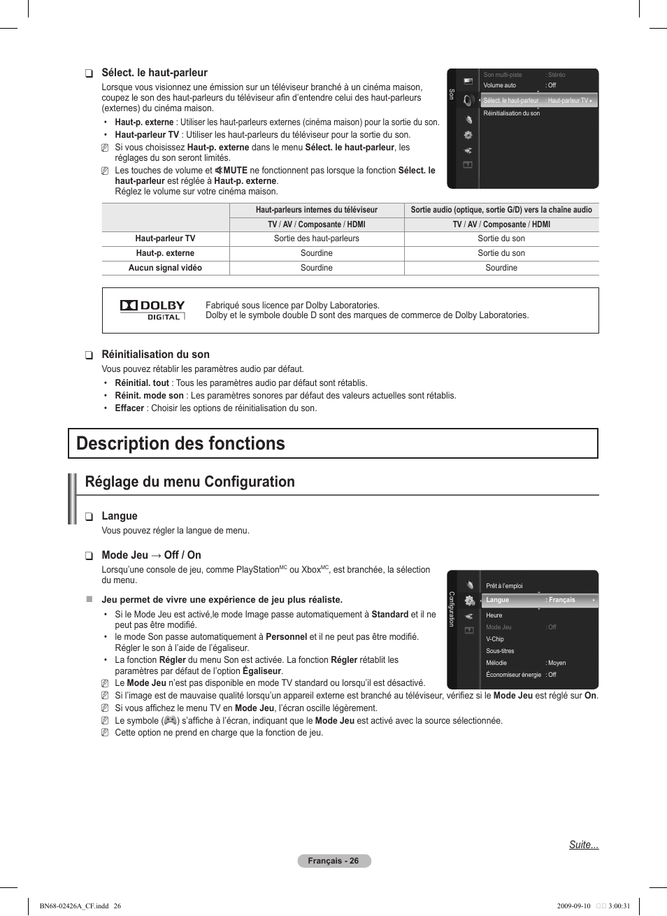 Description des fonctions, Réglage du menu configuration, Sélect. le haut-parleur | Réinitialisation du son, Langue, Mode ❑ jeu → off / on | Samsung BN68-02426A-00 User Manual | Page 109 / 125