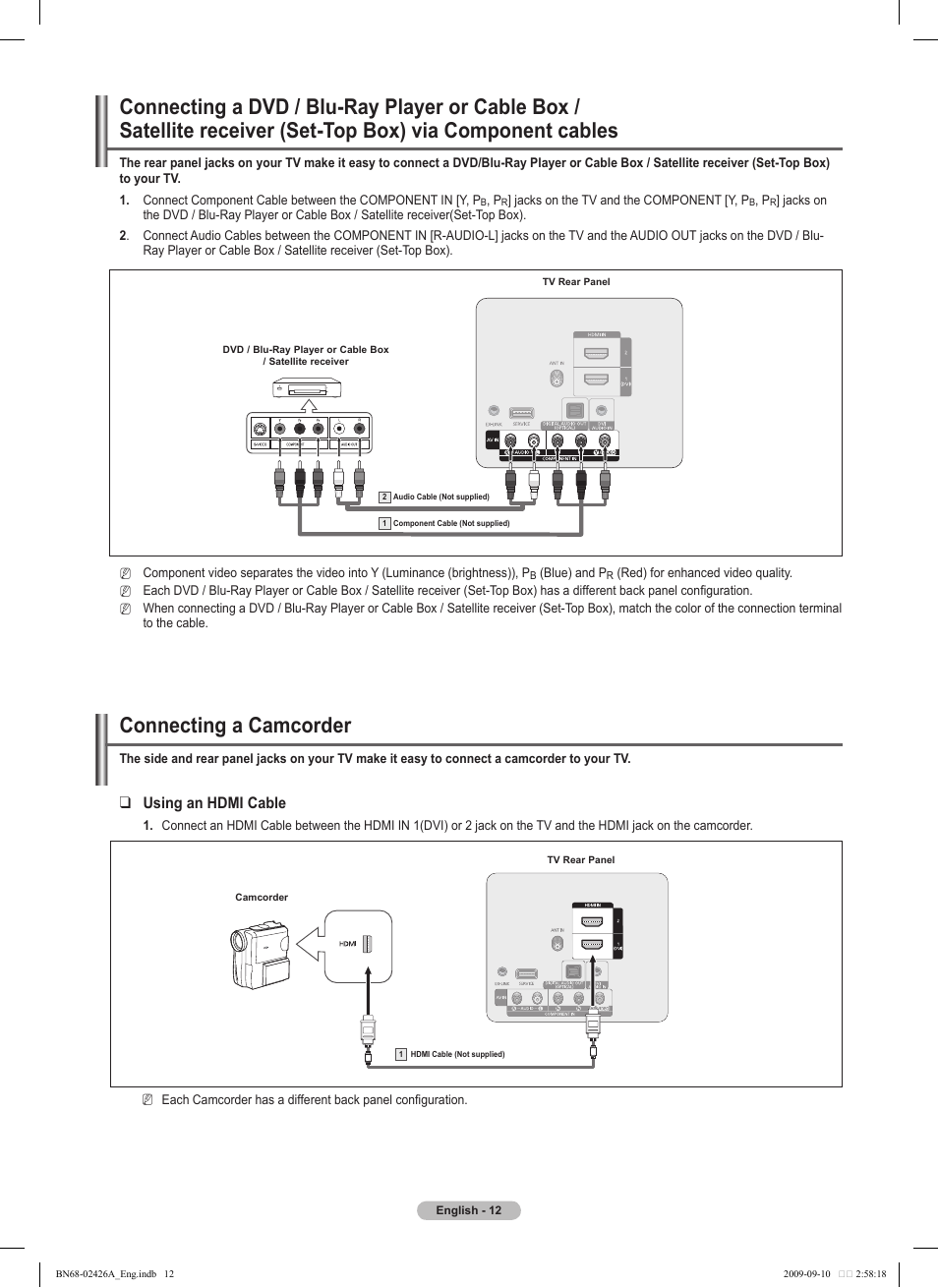 Connecting a camcorder, Using an hdmi cable | Samsung BN68-02426A-00 User Manual | Page 12 / 125