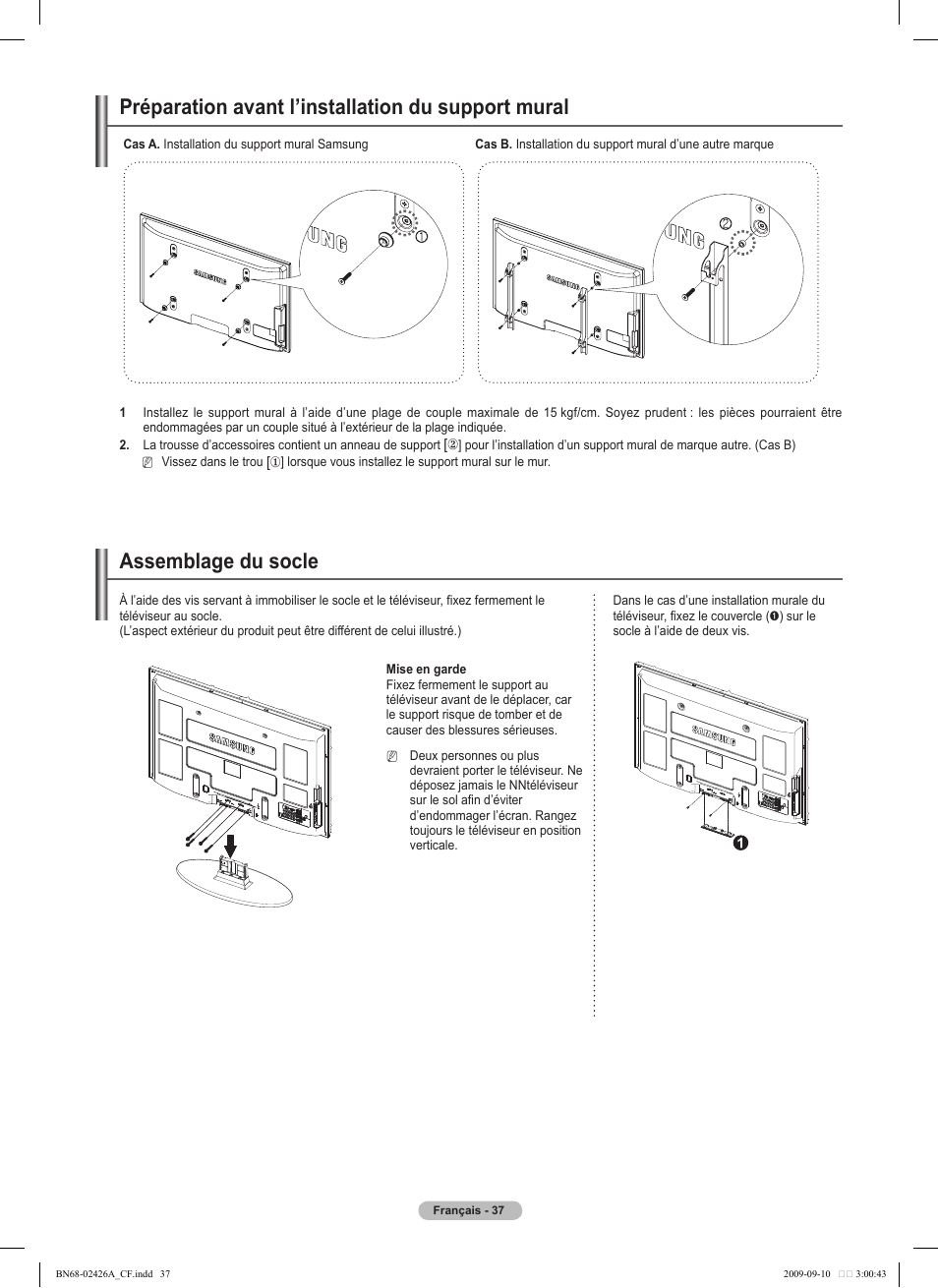 Préparation avant l’installation du support mural, Assemblage du socle | Samsung BN68-02426A-00 User Manual | Page 120 / 125