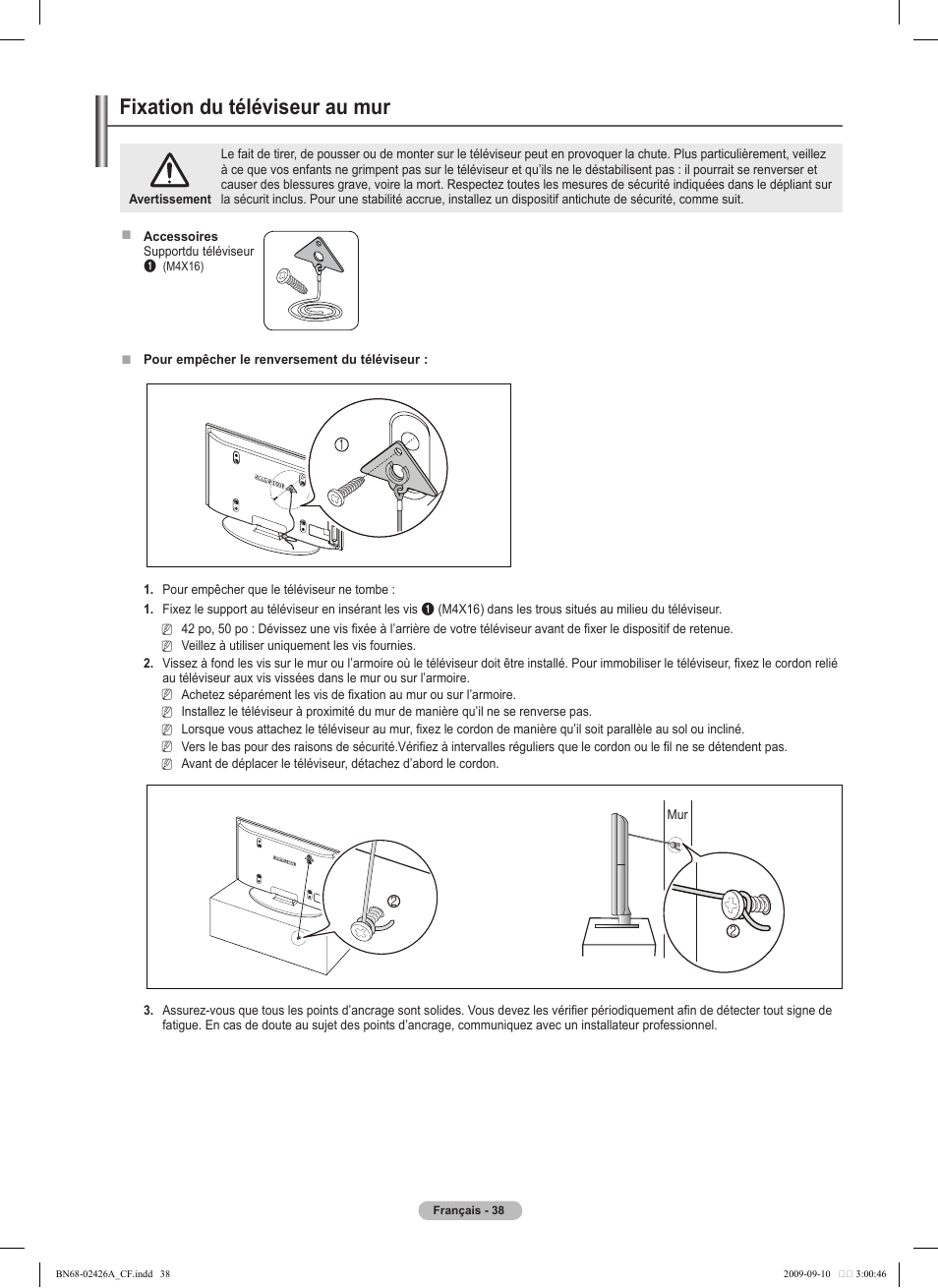 경고 주의 경고 주의, Fixation du téléviseur au mur | Samsung BN68-02426A-00 User Manual | Page 121 / 125
