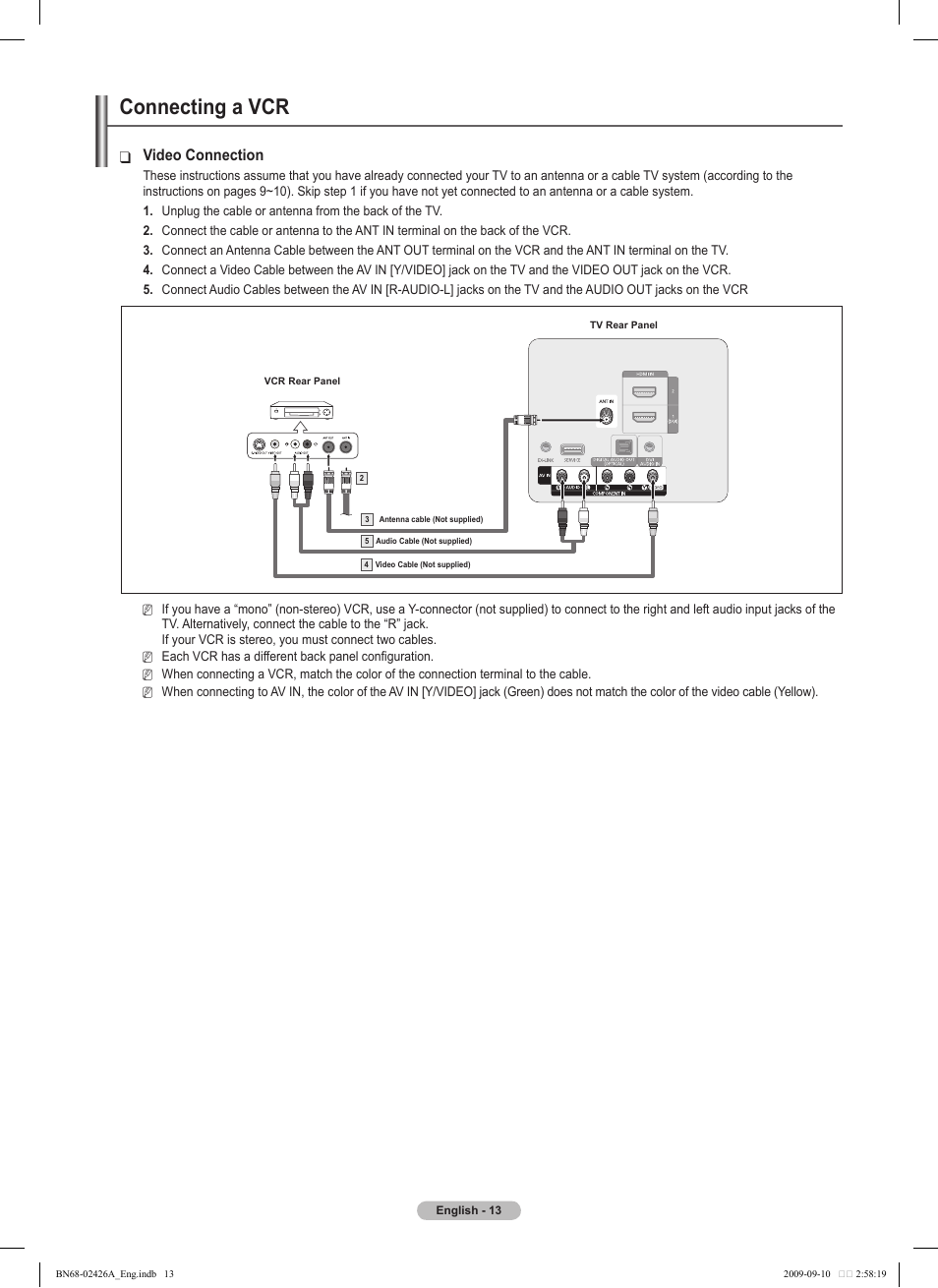 Connecting a vcr, Video connection | Samsung BN68-02426A-00 User Manual | Page 13 / 125