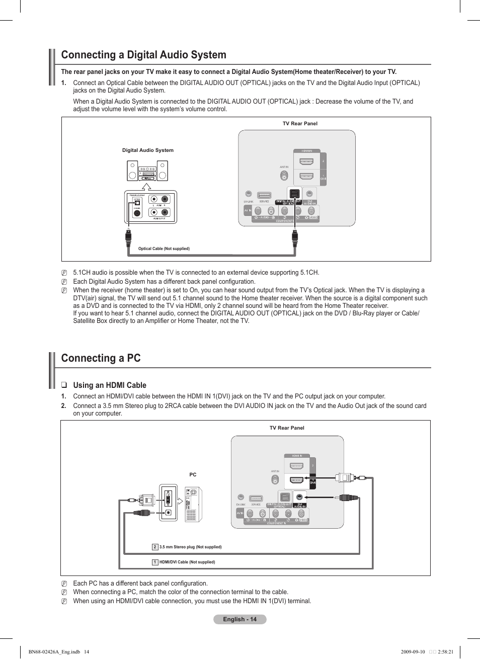 Connecting a digital audio system, Connecting a pc, Using an hdmi cable | Samsung BN68-02426A-00 User Manual | Page 14 / 125