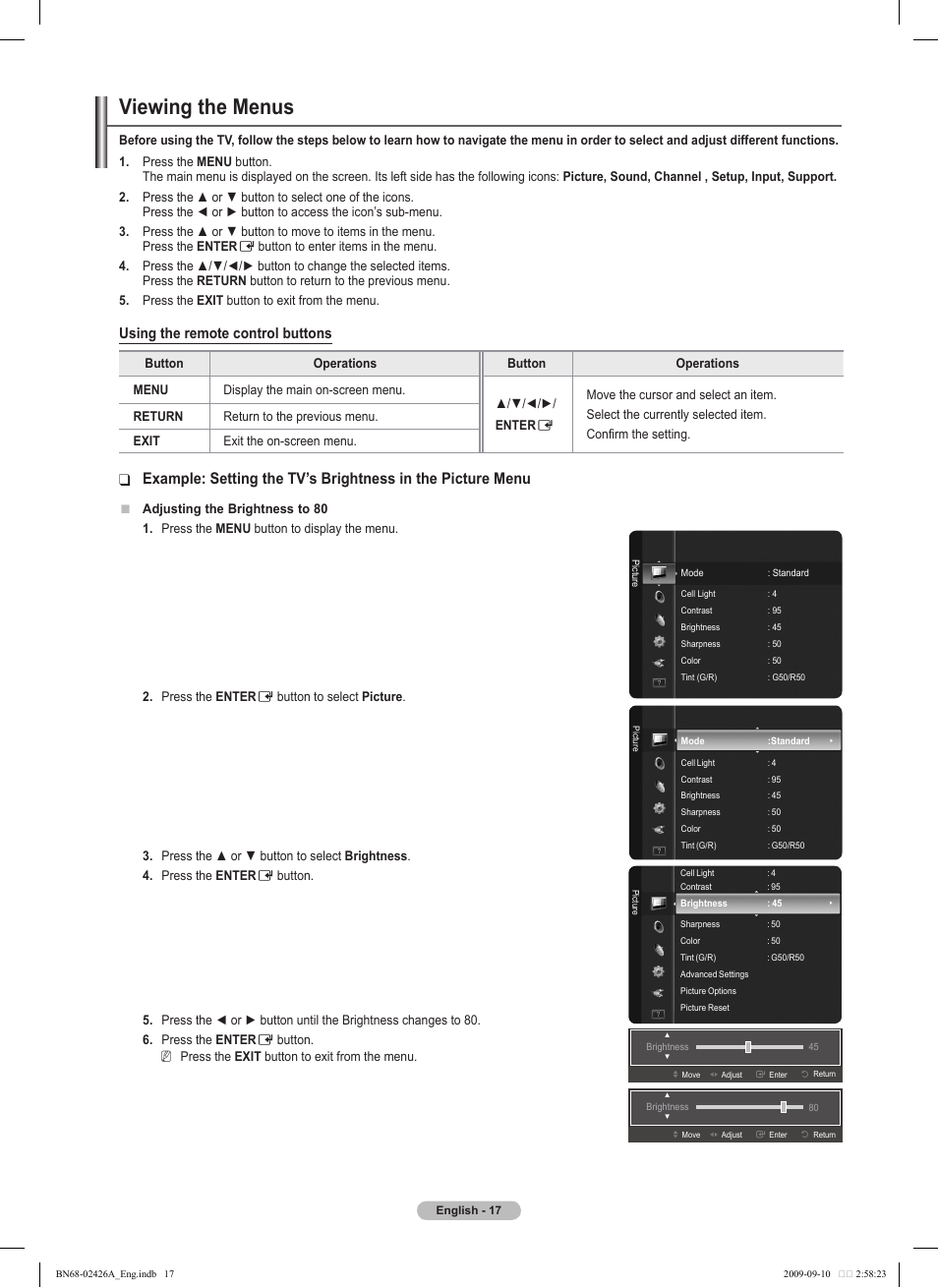 Viewing the menus, Using the remote control buttons | Samsung BN68-02426A-00 User Manual | Page 17 / 125
