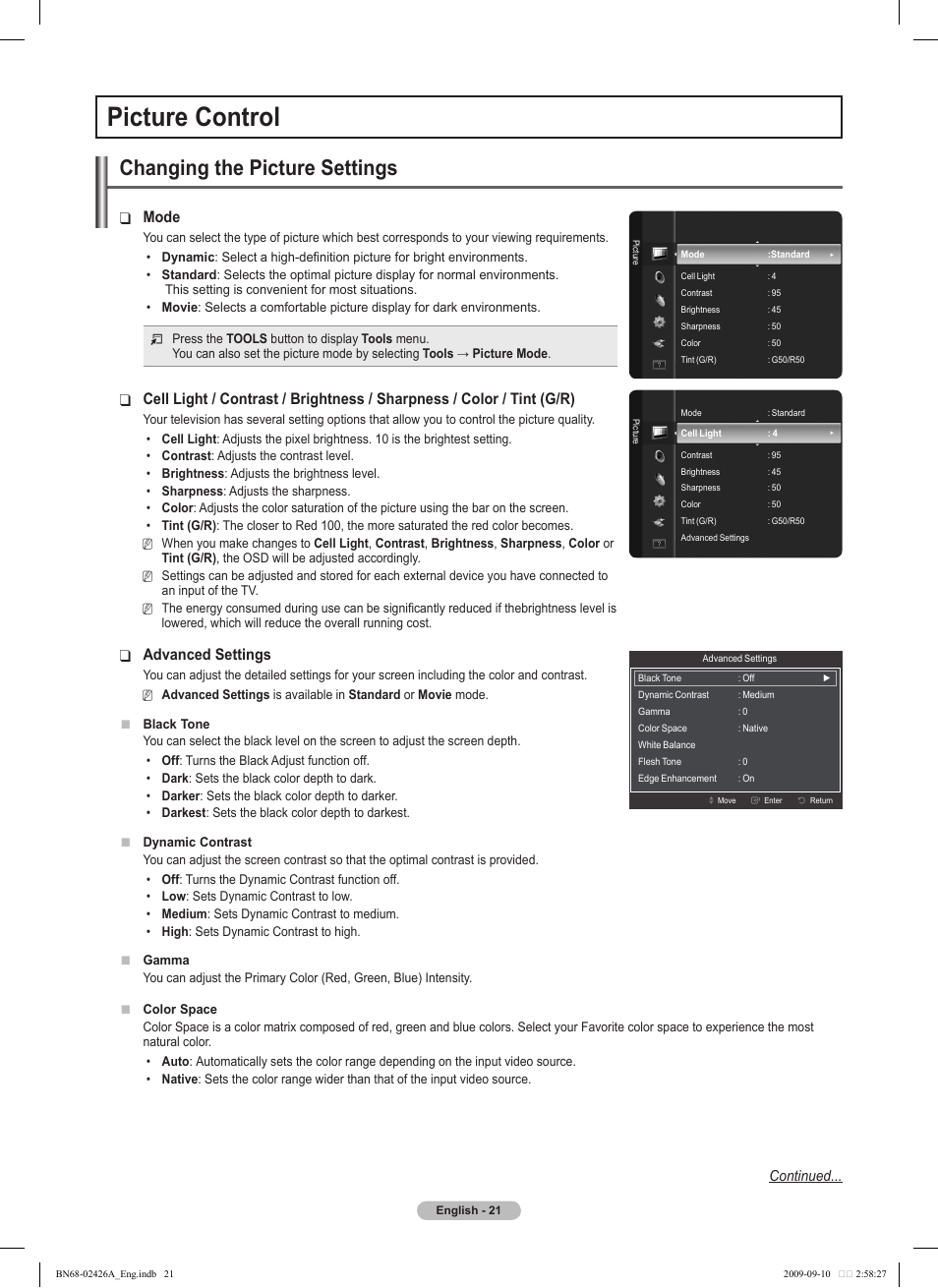 Picture control, Changing the picture settings, Mode | Advanced settings | Samsung BN68-02426A-00 User Manual | Page 21 / 125
