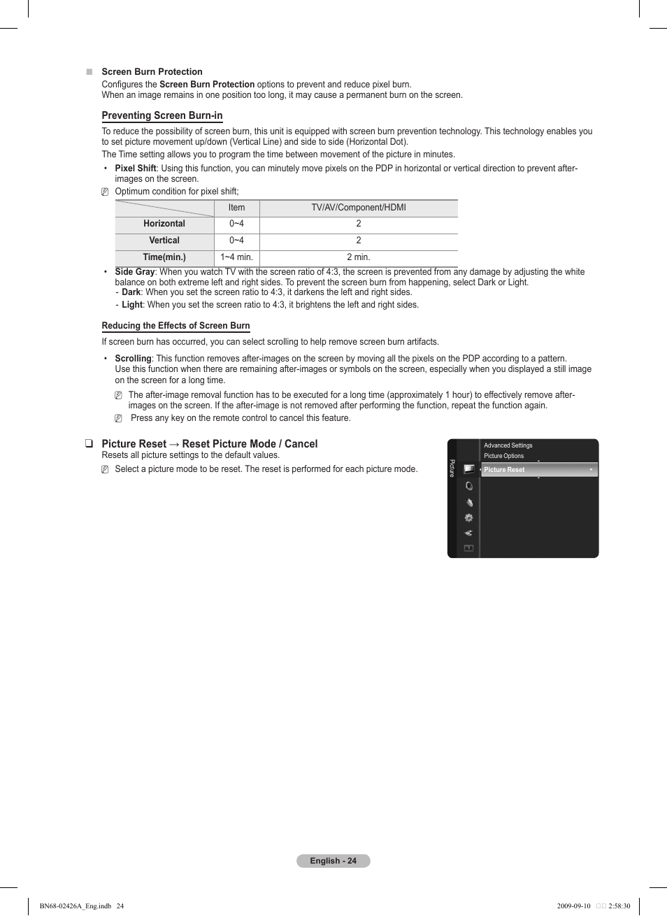 Picturereset→resetpicturemode/cancel | Samsung BN68-02426A-00 User Manual | Page 24 / 125